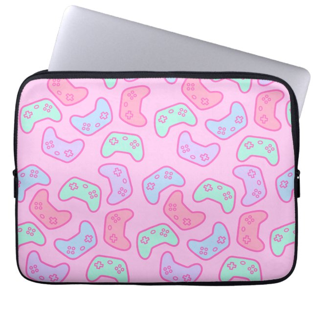 Gamer Girl Pastel Cartoon Video Game Controllers Laptop Sleeve (Front)
