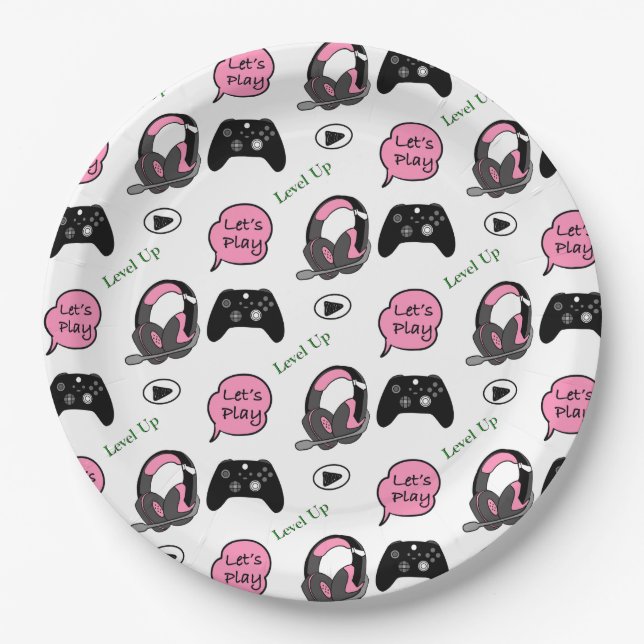 Gamer Girl Pink and Black Birthday Paper Plates (Front)