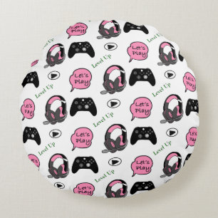 Gamer Girl Pink and Black Round Pillow