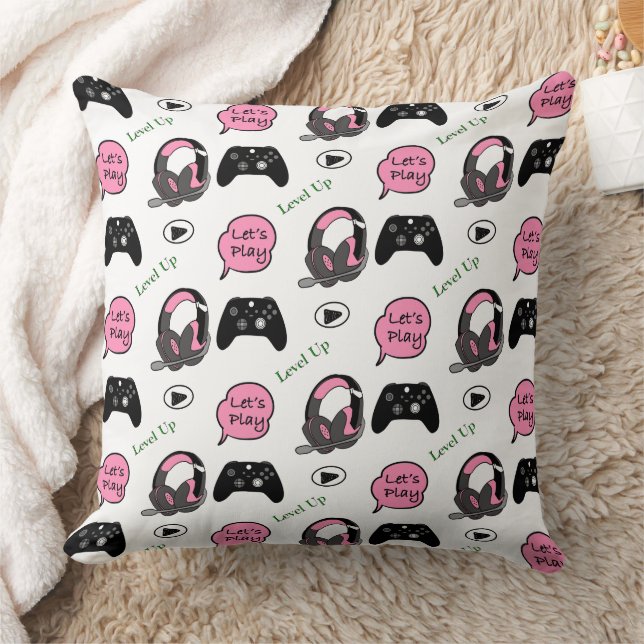 Gamer Girl Pink and Black  Throw Pillow (Blanket)