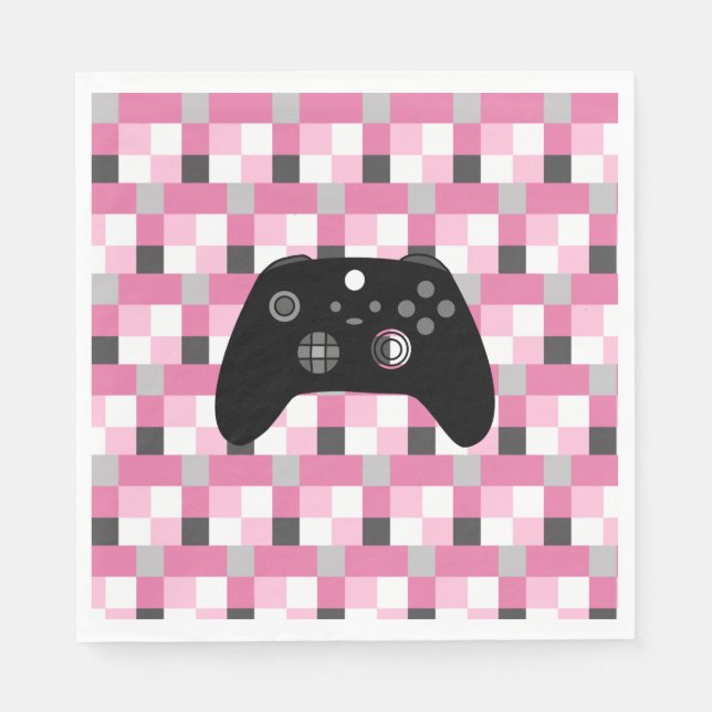 Gamer Girl Pink Pixels and Black Birthday  Napkins (Front)