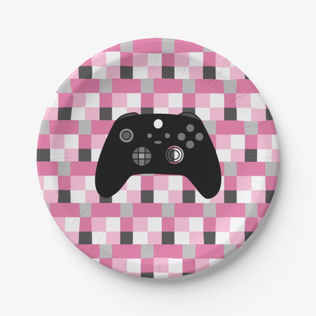 Gamer Girl Pink Pixels and Black Birthday  Paper Plates (Front)