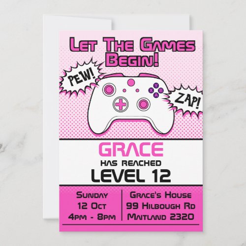 Gamer Girl Pink White Controller 12th Birthday Invitation