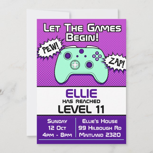 Gamer Girl Purple 11th Birthday Invitation (Front)
