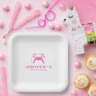 Gamer Girl Simple Pink Birthday Party Paper Plates