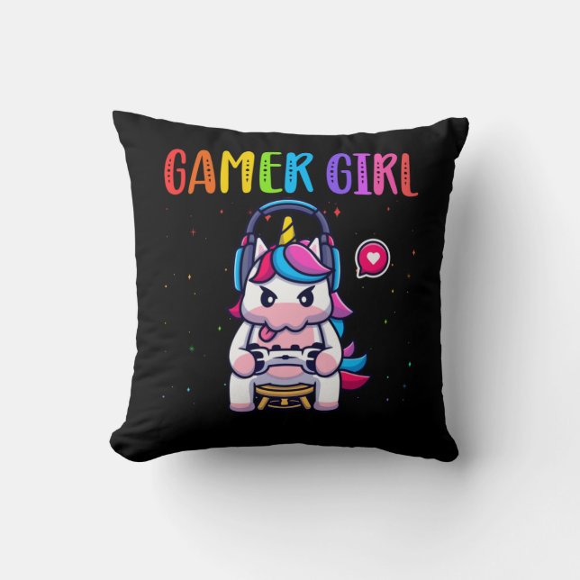 Gamer Girl Unicorn Gaming Cute Video Game Throw Pillow (Front)