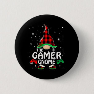 Gamer Gnome Buffalo Plaid Matching Family Christma Button
