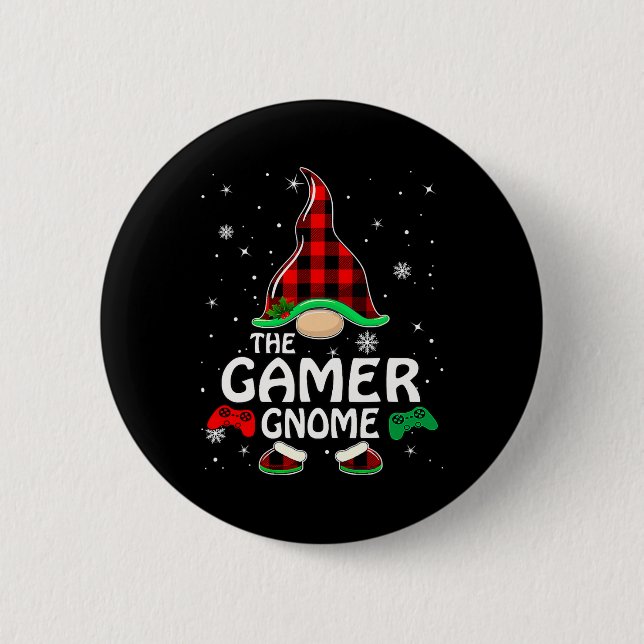 Gamer Gnome Buffalo Plaid Matching Family Christma Button (Front)