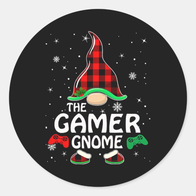 Gamer Gnome Buffalo Plaid Matching Family Christma Classic Round Sticker (Front)