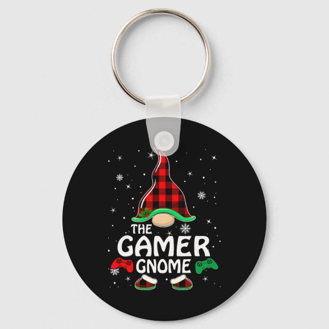 Gamer Gnome Buffalo Plaid Matching Family Christma Keychain (Front)