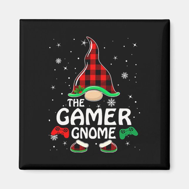 Gamer Gnome Buffalo Plaid Matching Family Christma Magnet (Front)