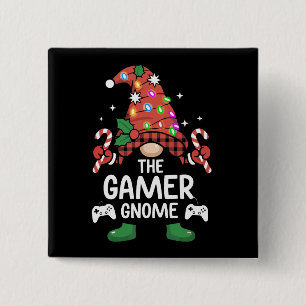 Gamer Gnome Buffalo Plaid Matching Family Xmas Button