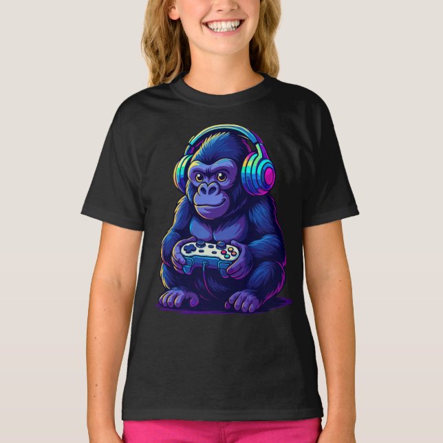 Gamer Gorilla with Headphones — Neon Gaming Vibes T-Shirt (Front)