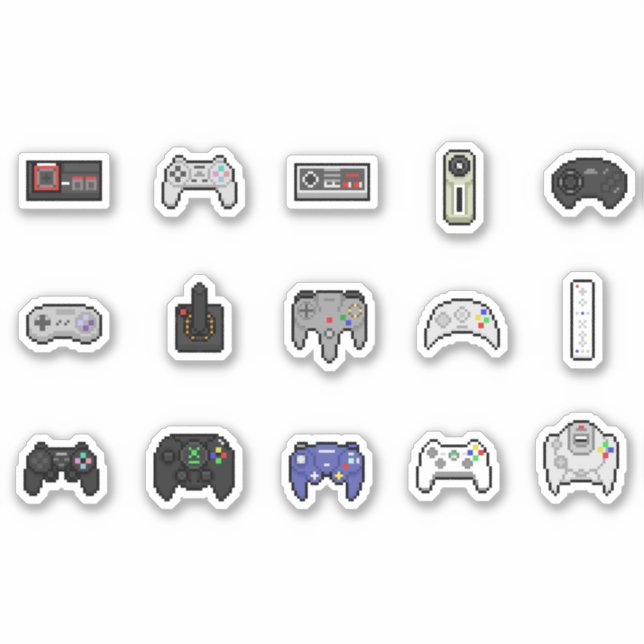 Gamer Grey Black Retro Pixel Art Controllers Sticker (Front)