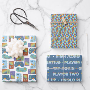 Gamer Grid Coordinates Gift Wrap Flat Sheet Set