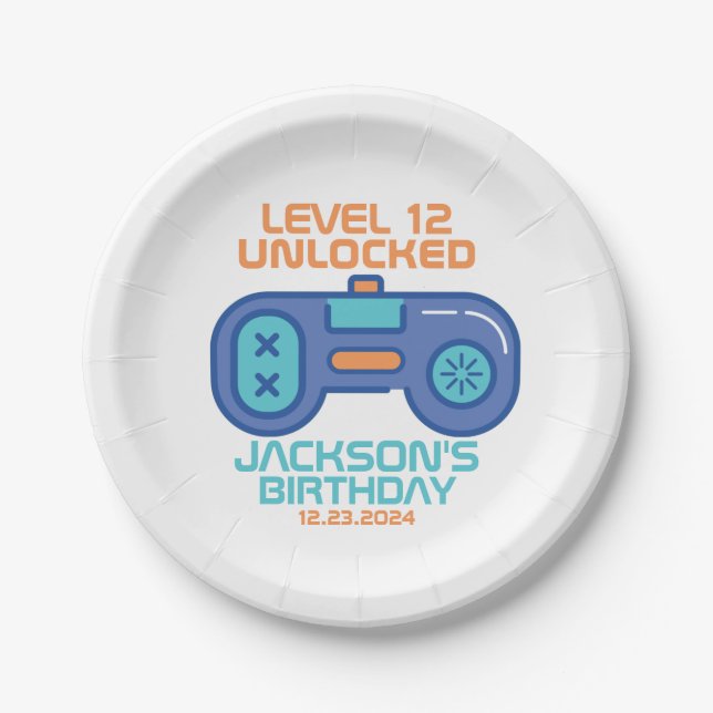 Gamer Level Unlocked Video Games Boy's Birthday Paper Plates (Front)