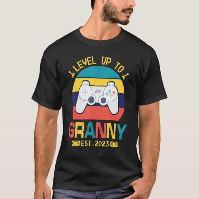 Gamer Level Up To Granny Est 2023 Happy Mommy Son  T-Shirt (Front)