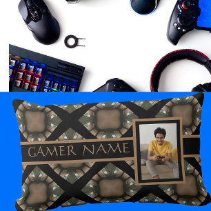 Gamer Name & Photo Tan/Brown/Black Lumbar Pillow