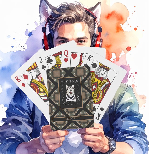 Gamer Name & Your Photo Template Tan/Brown/Black Poker Cards (Deck of Playing Cards with a Husky center. Customize. Enlarged to see Cards easer!)
