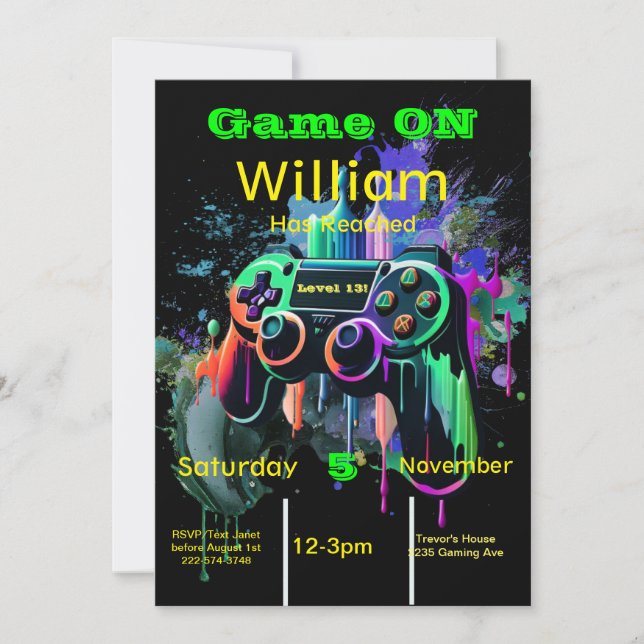 Gamer, Next Level, Player One, 13th Video Game  Invitation (Front)