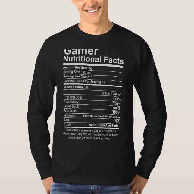 Gamer Nutritional Facts Cool Gamer Video Game T-Shirt (Front)