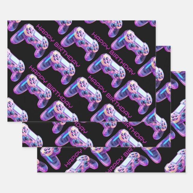 Gamer party game controller pink happy birthday wrapping paper sheets (Set)
