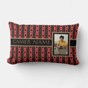 Gamer Party Name & Photo Red/Black Lumbar Pillow
