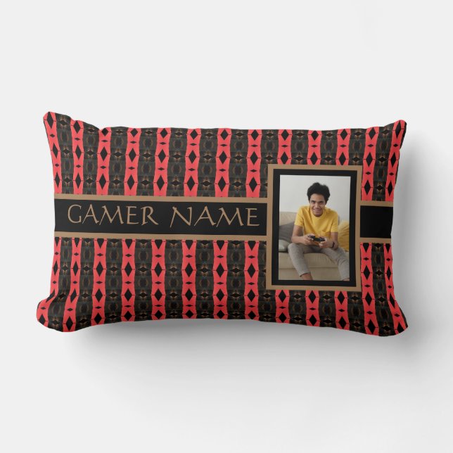 Gamer Party Name & Photo Red/Black Lumbar Pillow (Front)