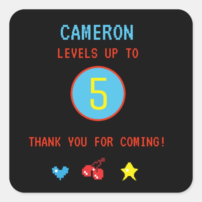 Gamer personalized 5th birthday party square sticker (Front)