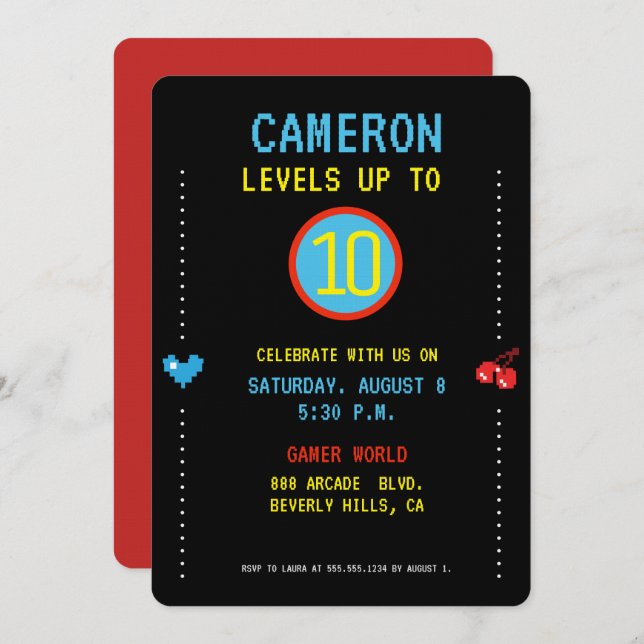 Gamer Pixel Arcade level up 10th birthday Invitation (Front/Back)