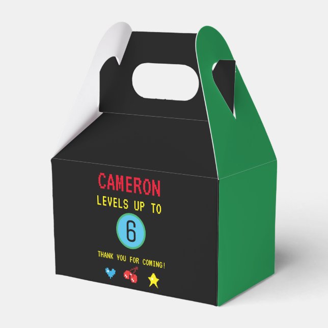 Gamer Pixel Arcade level up 6th birthday Green Favor Boxes (Front Side)