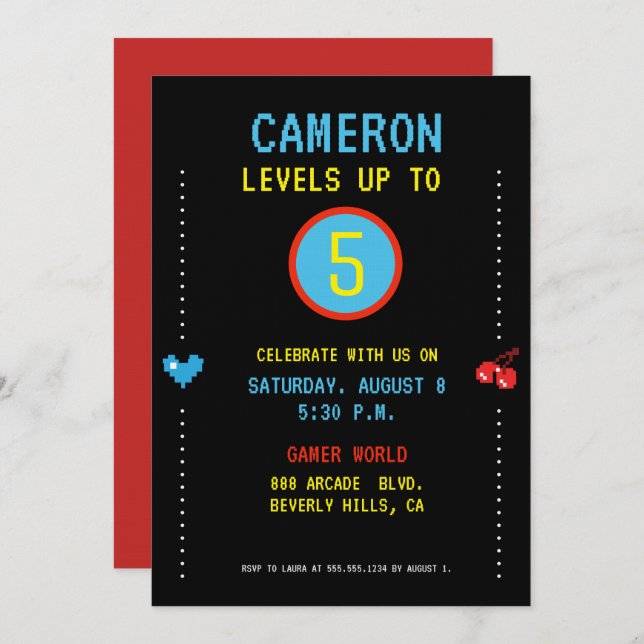 Gamer Pixel Arcade level up birthday Invitation (Front/Back)