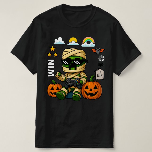 Gamer Pixel Pumpkin Mummy Men Kids Boy Halloween  T-Shirt (Design Front)