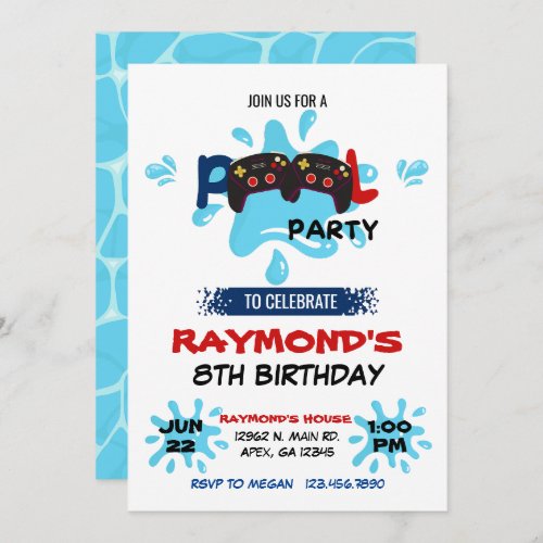 Gamer Pool Party Birthday  Invitation