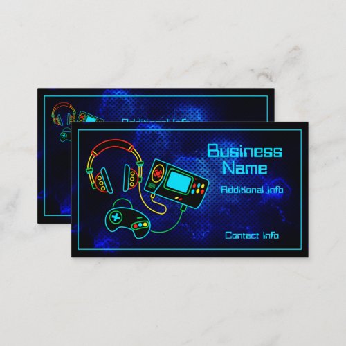 Gamer Retro Neon Blue Business Card