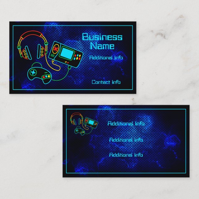 Gamer Retro Neon Blue Business Card (Front/Back)