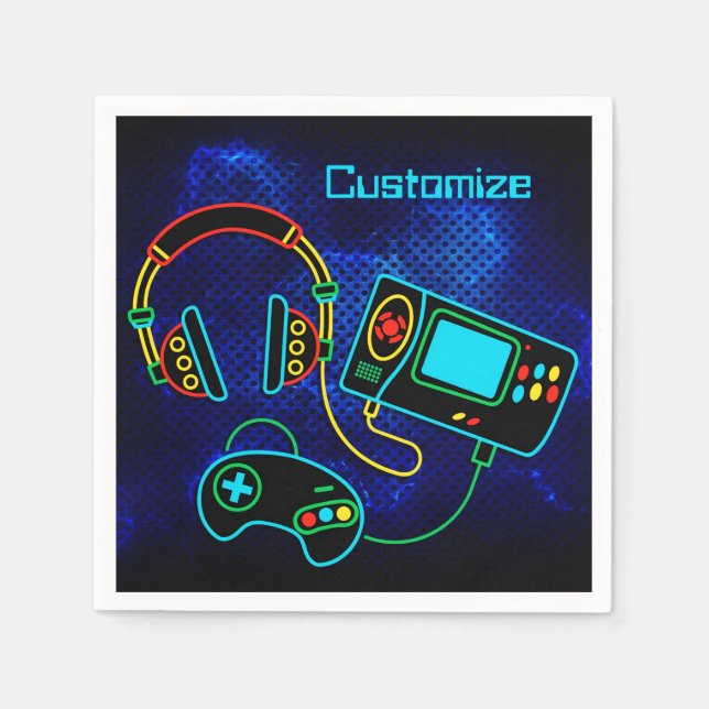 Gamer Retro Neon Blue Napkins (Front)