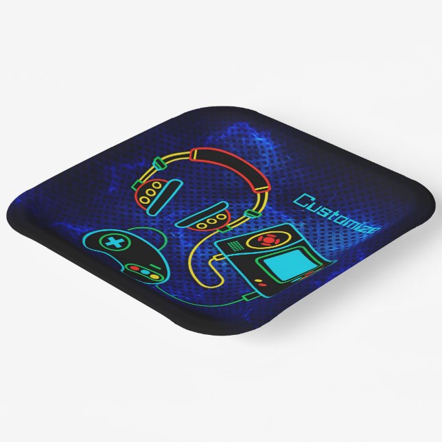 Gamer Retro Neon Blue Paper Plates (Angled)