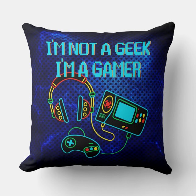 Gamer Retro Neon Blue Throw Pillow (Front)