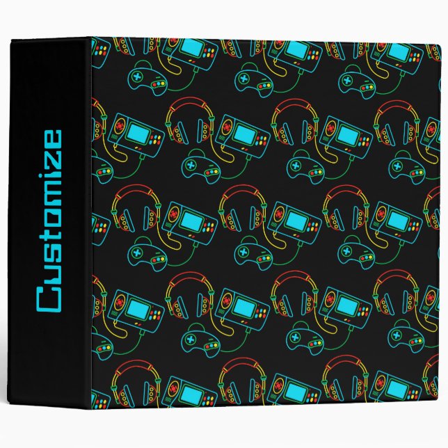 Gamer Retro Neon Pattern  3 Ring Binder (Front/Spine)
