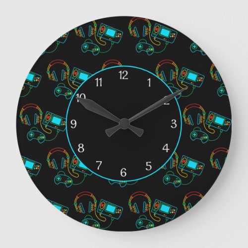 Gamer Retro Neon Pattern Black Large Clock