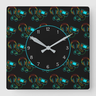 Gamer Retro Neon Pattern Black Square Wall Clock