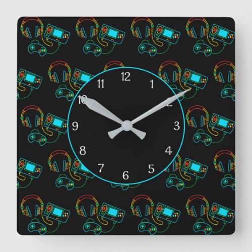 Gamer Retro Neon Pattern Black Square Wall Clock