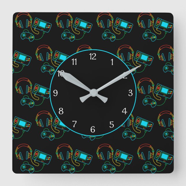 Gamer Retro Neon Pattern Black Square Wall Clock (Front)