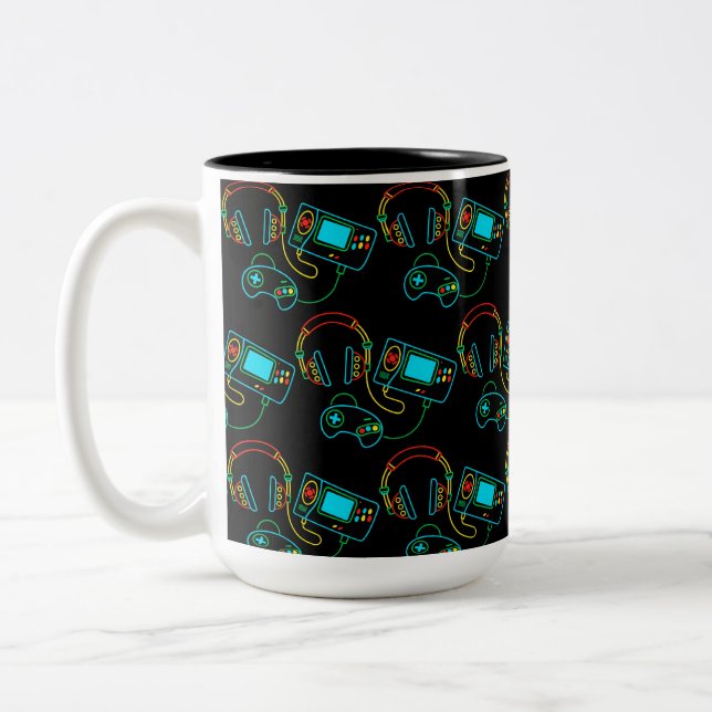 Gamer Retro Neon Pattern Black Two-Tone Coffee Mug (Left)