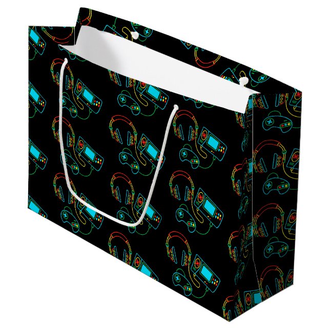 Gamer Retro Neon Pattern  Large Gift Bag (Front Angled)