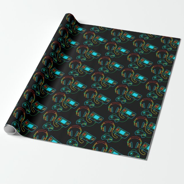 Gamer Retro Neon Pattern  Wrapping Paper (Unrolled)