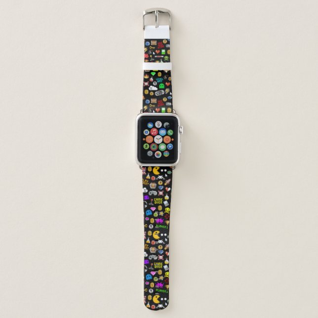 Gamer Retro Pixel Video Gaming Icons Apple Watch Band (Front)