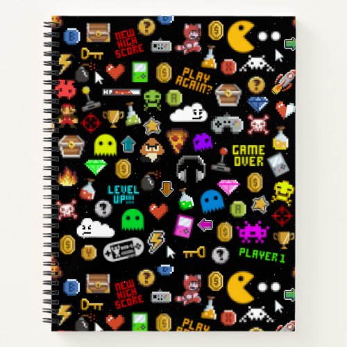 Gamer Retro Pixel Video Gaming Icons Notebook