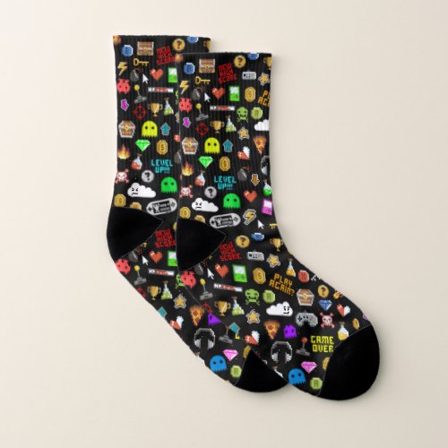 Gamer Retro Pixel Video Gaming Icons Socks